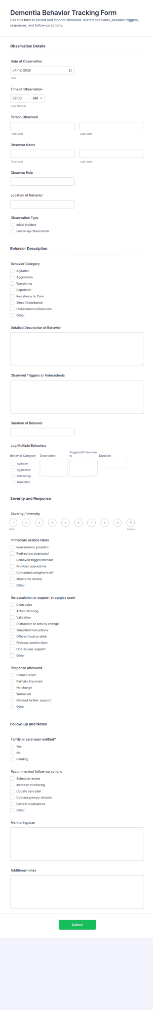 Dementia Behavior Tracking Form Template
