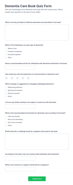 Dementia Care Book Quiz Form Template