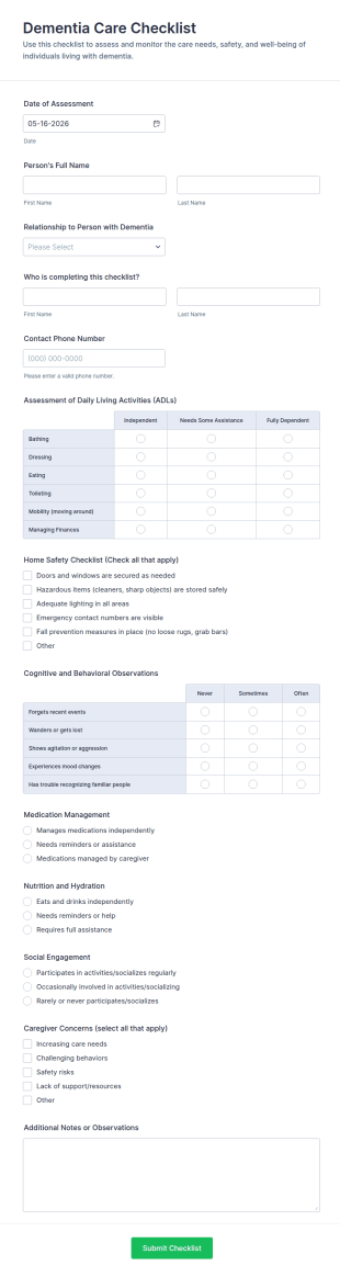 Dementia Care Checklist Form Template
