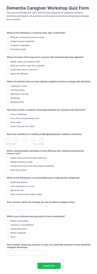 Dementia Caregiver Workshop Quiz Form Template