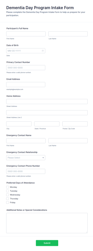 Dementia Day Program Intake Form Template