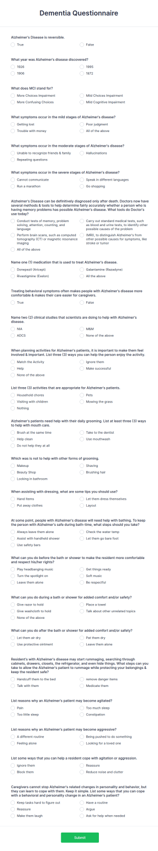 Dementia Questionnaire Form Template