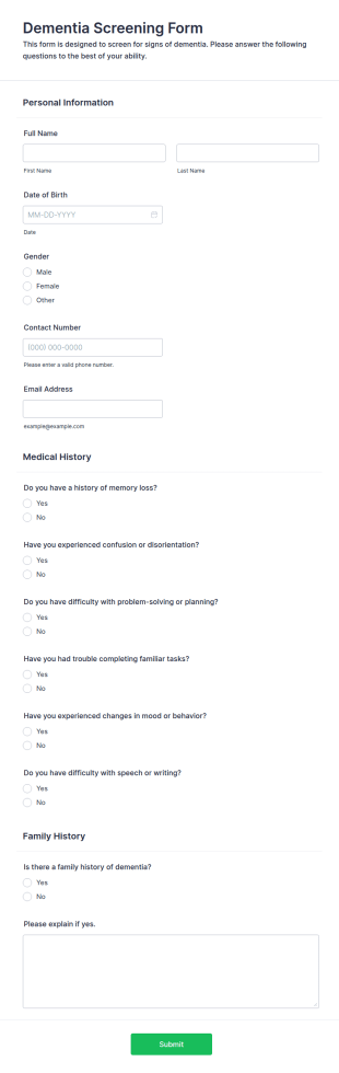 Dementia Screening Form Template