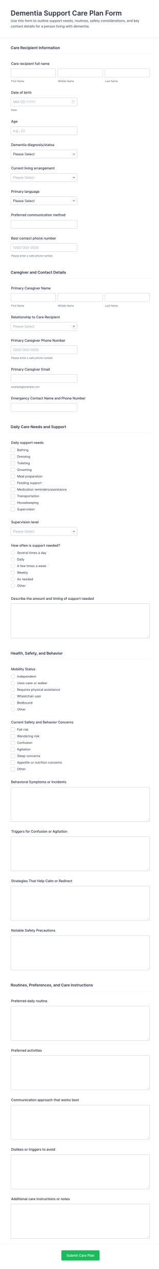 Dementia Support Care Plan Form Template