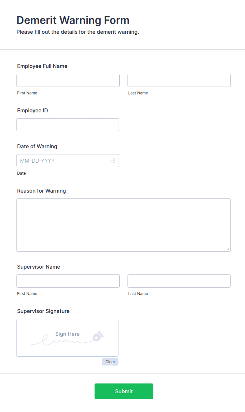 Dimerite Demerit Warning Form Template | Jotform