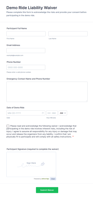 Demo Ride Liability Waiver Form Template