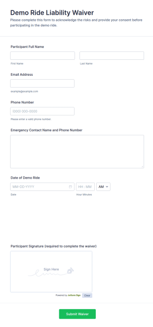 Demo Ride Liability Waiver Form Template