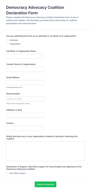 Democracy Advocacy Coalition Declaration Form Template