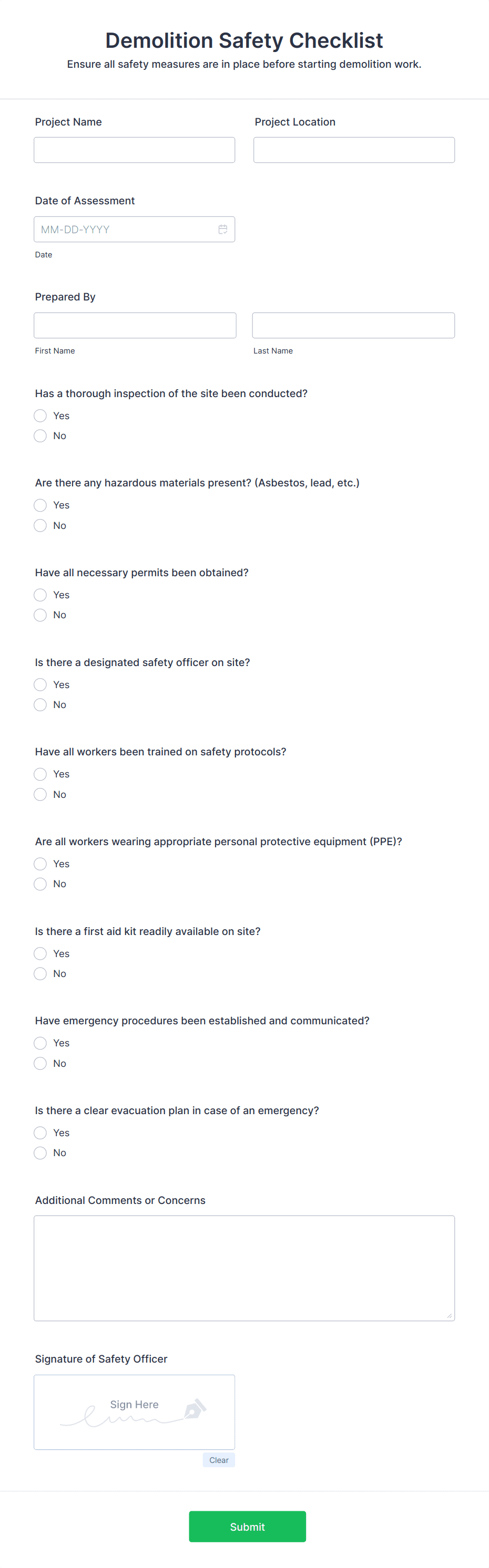 Demolition Safety Checklist Form Template | Jotform