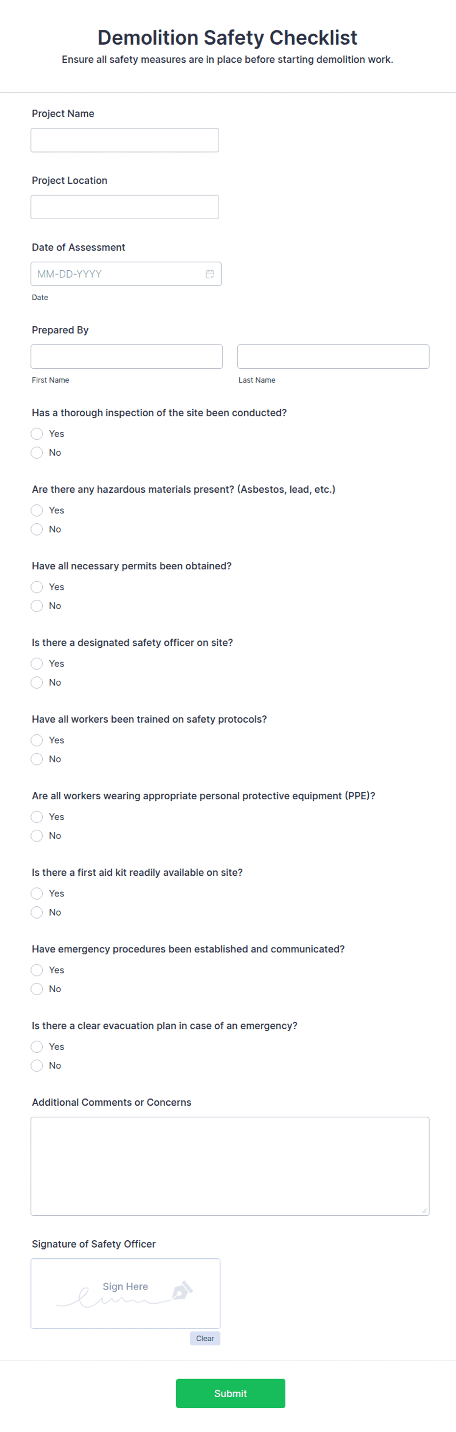 Demolition Checklist.pdf Demolition Safety Checklist Form Template | Jotform