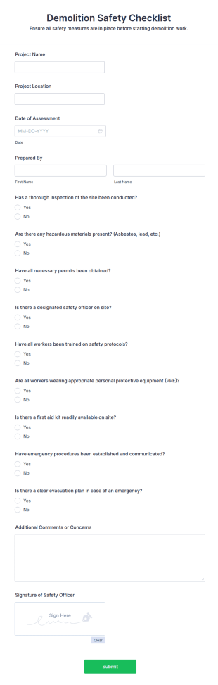 Demolition Safety Checklist Form Template