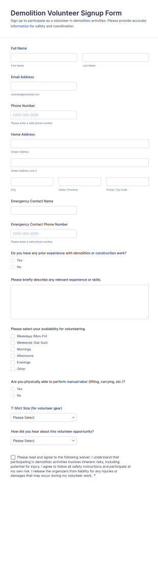 Demolition Volunteer Signup Form Template