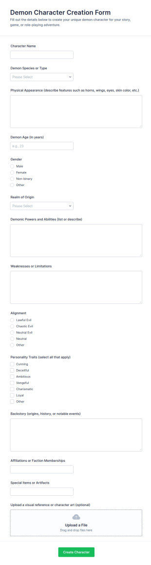 Demon Character Creation Form Template