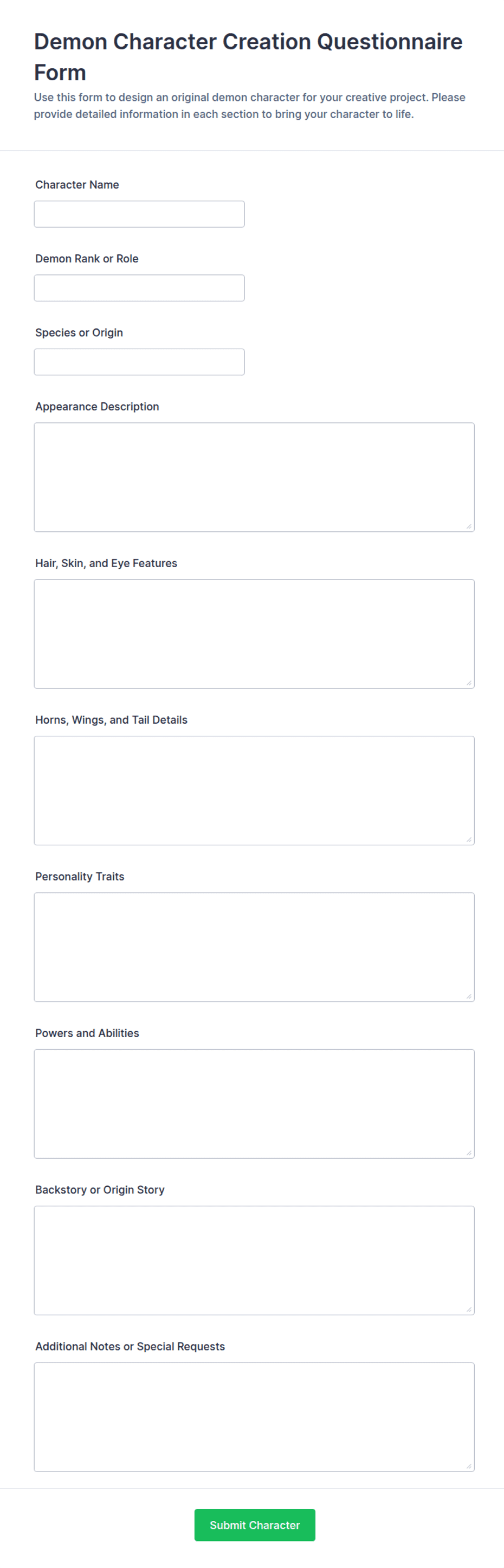Demon Base Form Demon Character Creation Questionnaire Form Template | Jotform