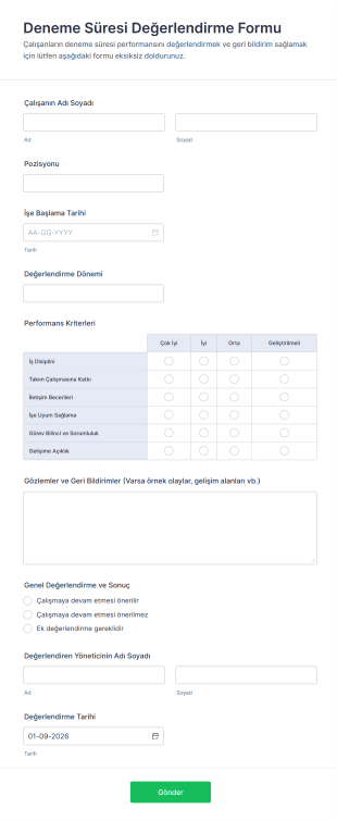 Deneme Süresi Değerlendirme Form Template
