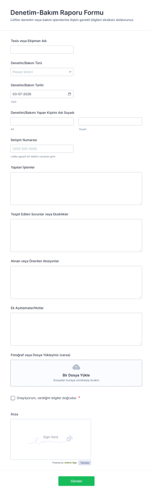 Denetim Bakım Raporu Form Şablonu
