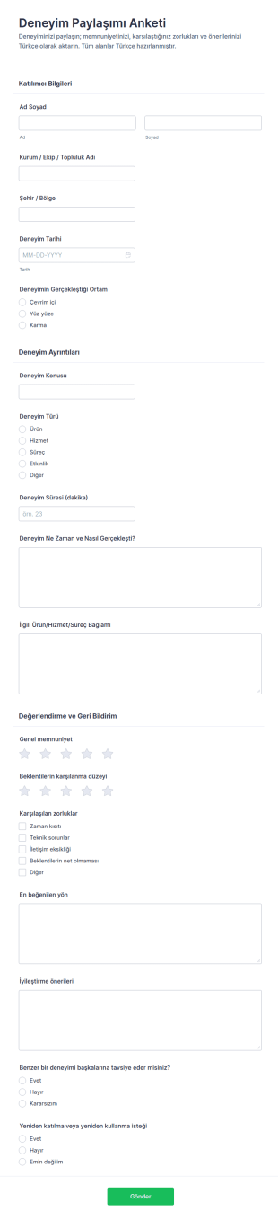 Deneyim Paylaşımı Anketi Form Şablonu