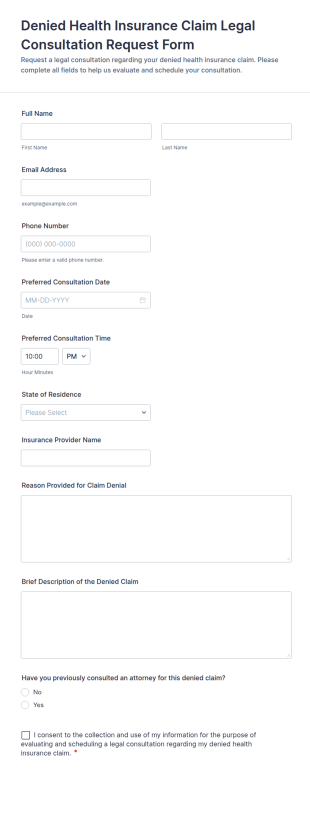Denied Health Insurance Claim Legal Consultation Request Form Template