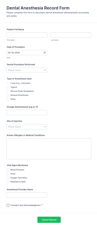 Dental Anesthesia Record Form Template
