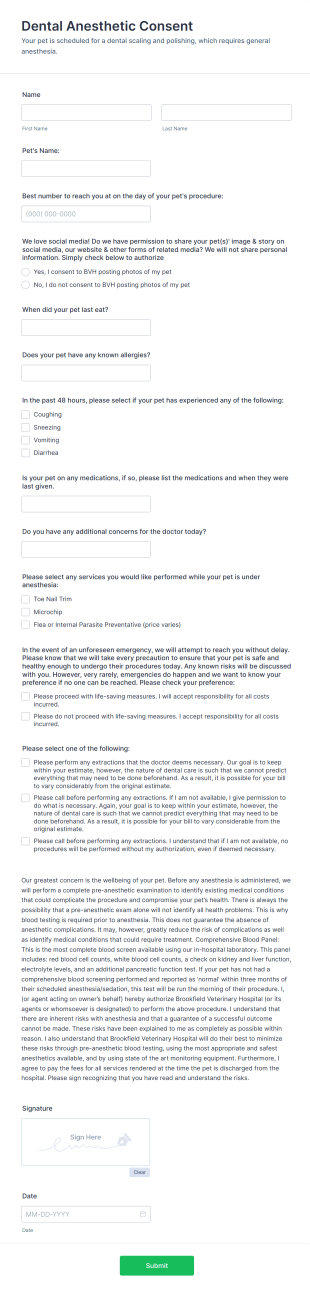 Pet Dental Anesthetic Consent Form Template