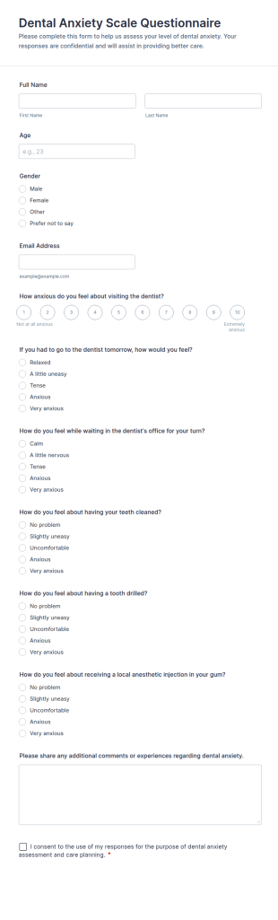 Dental Anxiety Scale Questionnaire Form Template