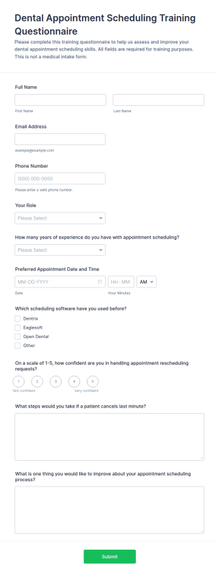 Dental Appointment Scheduling Training Questionnaire Form Template