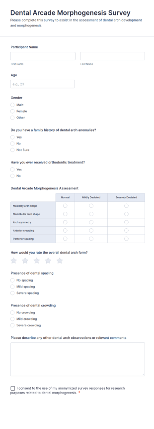 Dental Arcade Morphogenesis Survey Form Template