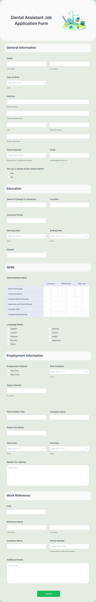 Dental Assistant Job Application Form Template