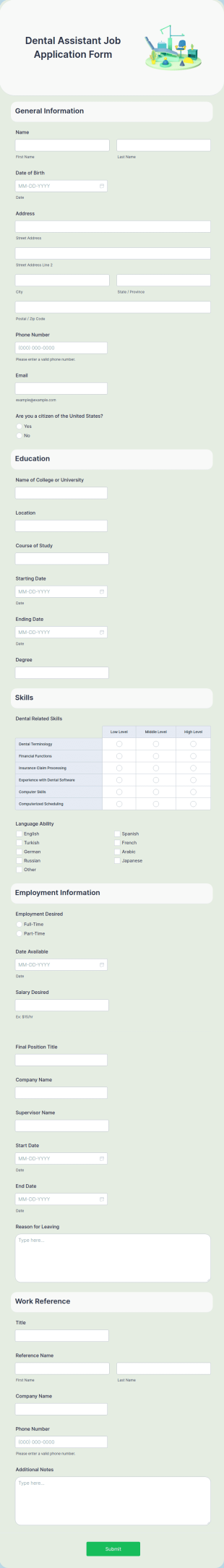 Dental Assistant Job Application Form Template