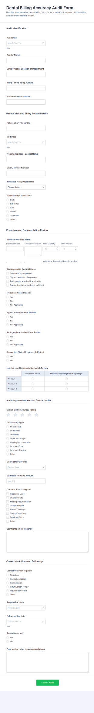 Dental Billing Accuracy Audit Form Template