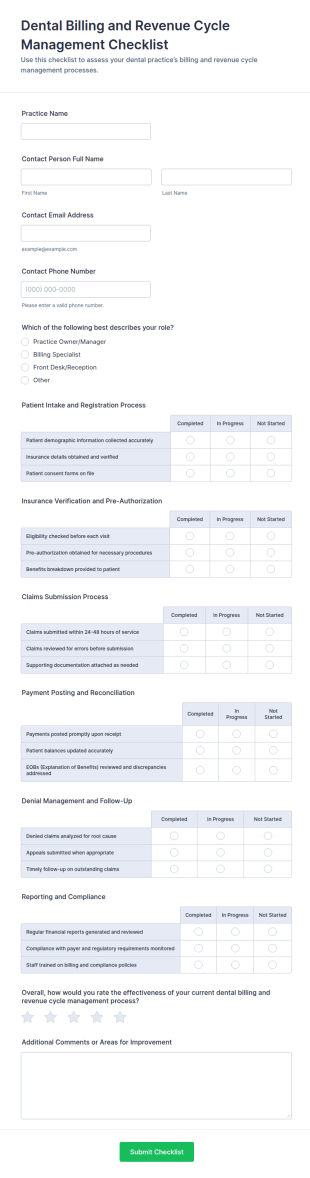 Dental Billing And Revenue Cycle Management Checklist Form Template