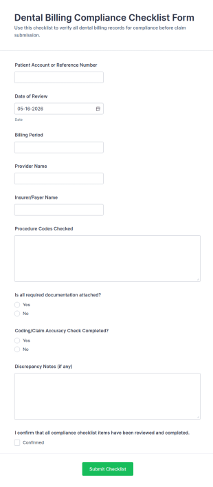 Dental Billing Compliance Checklist Form Template