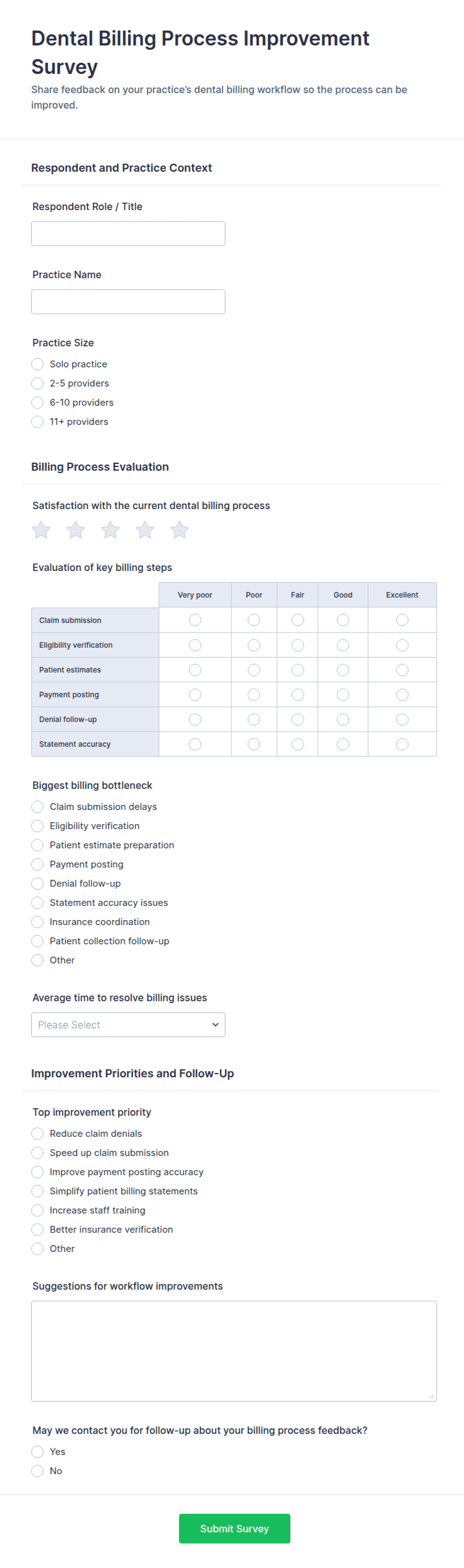 Dental Billing Process Improvement Survey Form Template | Jotform