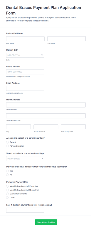 Dental Braces Payment Plan Application Form Template