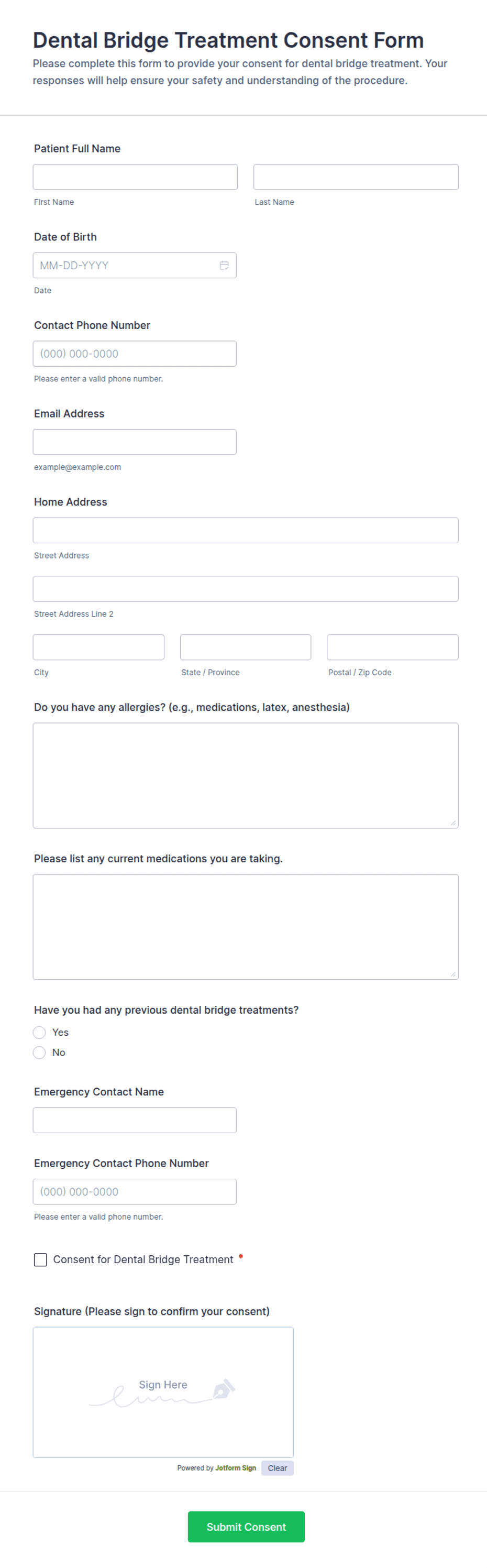 Dental Bridge Treatment Consent Form Template | Jotform