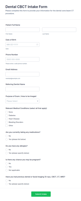 Dental CBCT Intake Form Template