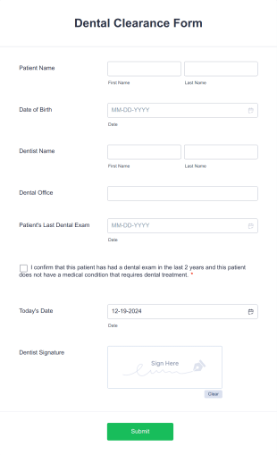 Dental Clearance Form Template