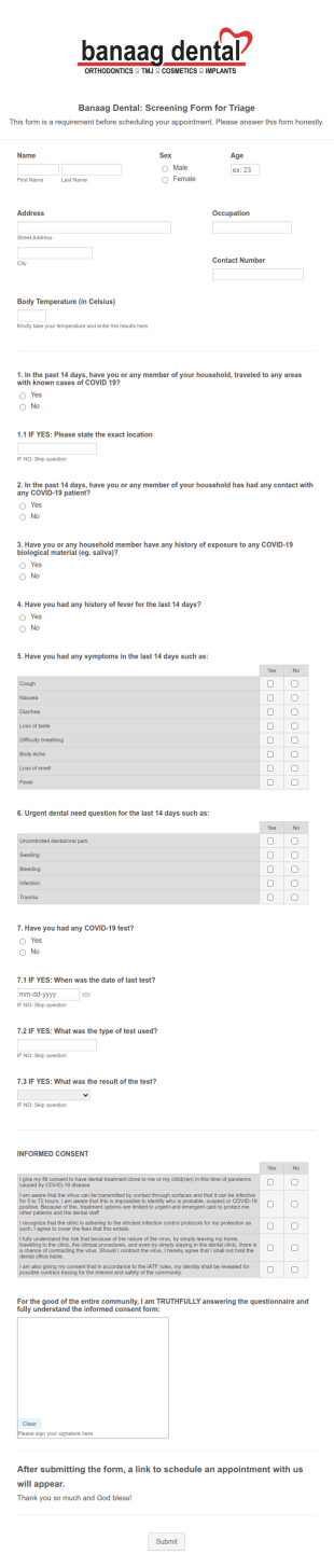 Dental Clinic COVID 19 Triage Form Template