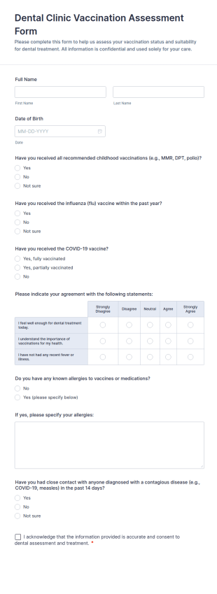 Dental Clinic Vaccination Assessment Form Template