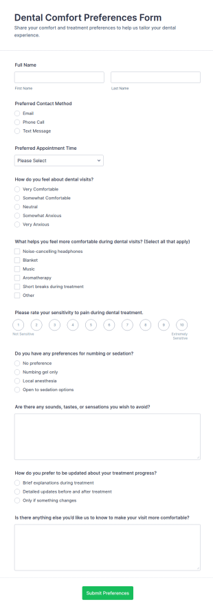 Dental Comfort Preferences Form Template