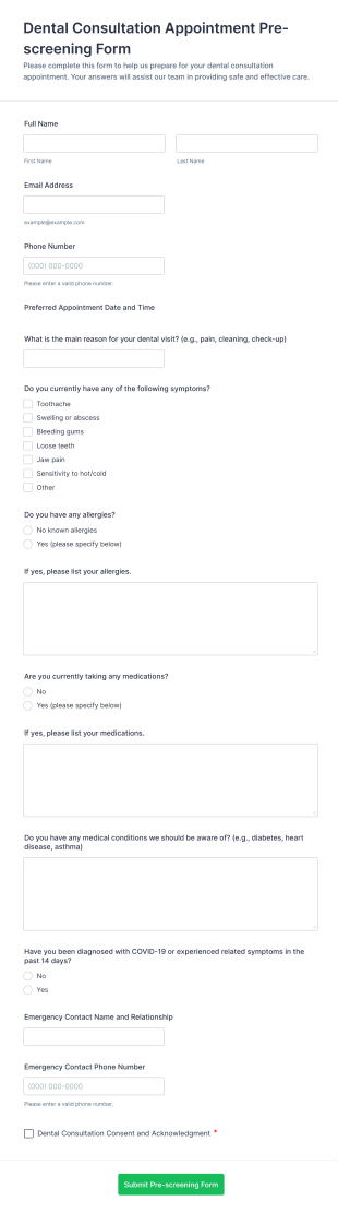 Dental Consultation Appointment Pre Screening Form Template