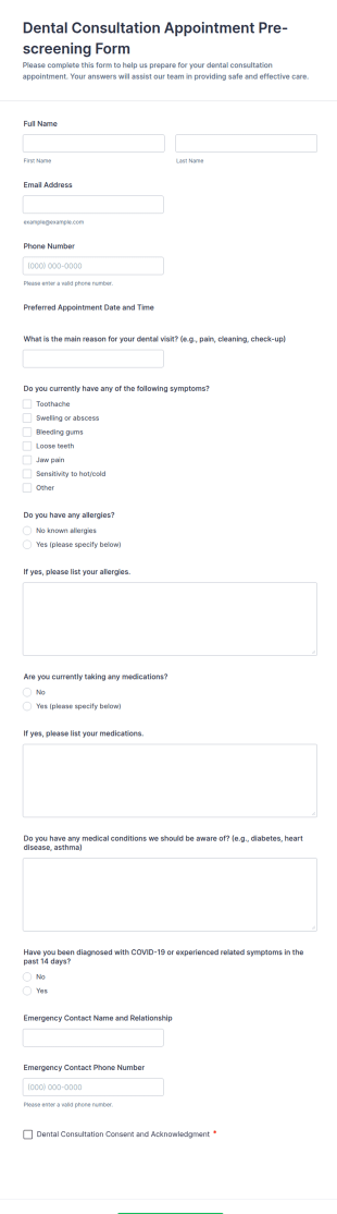 Dental Consultation Appointment Pre Screening Form Template
