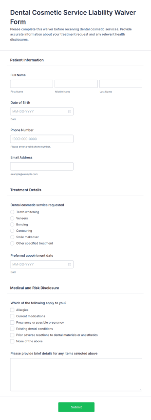 Dental Cosmetic Service Liability Waiver Form Template