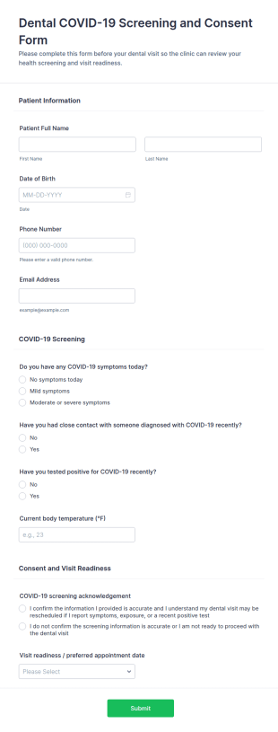 Dental COVID 19 Screening And Consent Form Template