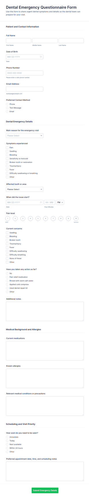 Dental Emergency Questionnaire Form Template