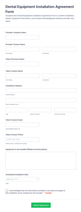Dental Equipment Installation Agreement Form Template