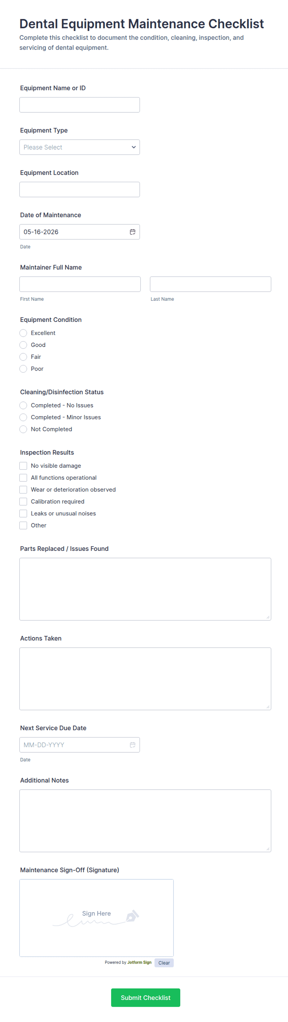 Dental Equipment Maintenance Checklist Form Template | Jotform