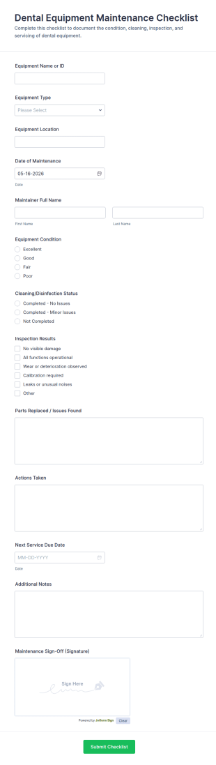 Dental Equipment Maintenance Checklist Form Template