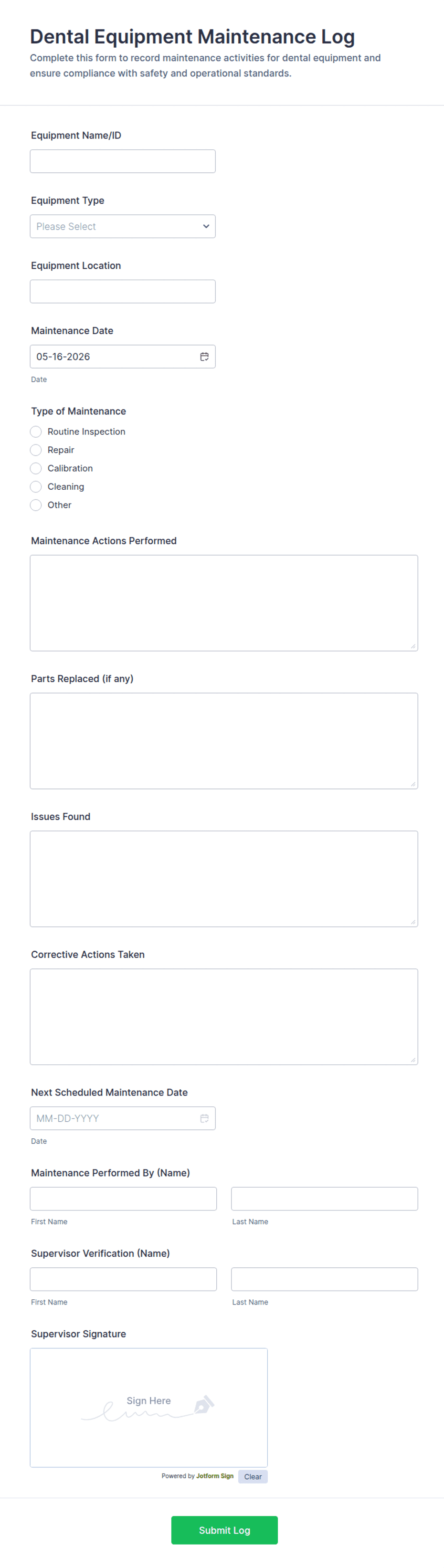 Dental Equipment Maintenance Log Form Template | Jotform