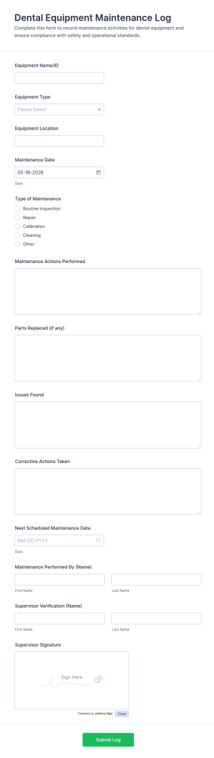 Dental Equipment Maintenance Log Form Template